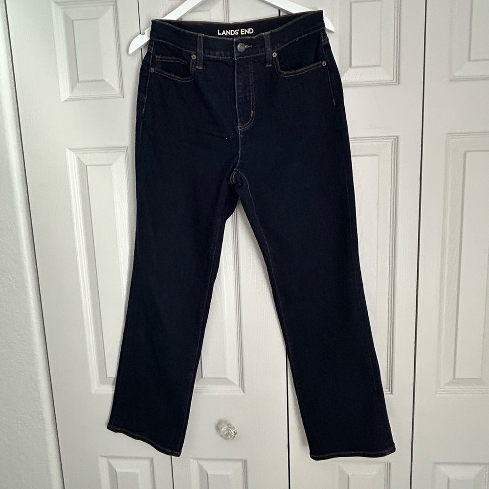 Lands' End Women's High Rise Straight Leg Jeans High Waisted Dark Blue Sz 4 Chic